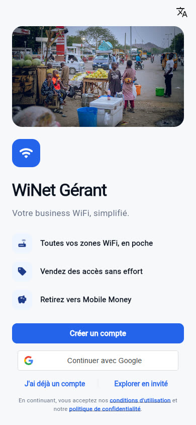 WiNet Manager entry screen: create an account, continue with Google or explore as a guest