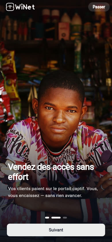 App introduction screen: sell access effortlessly, photo of a shopkeeper in front of his store