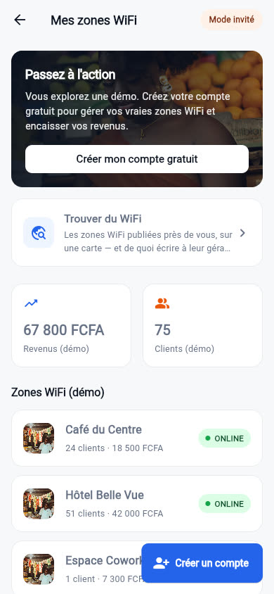 Guest-mode dashboard with demo zones and earnings, labelled as demo data